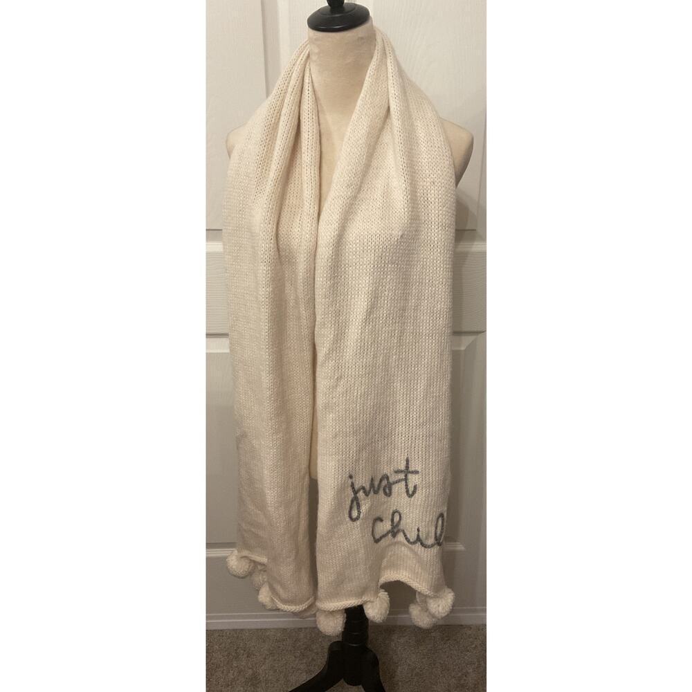 NWT Aerie "Just Chill" Pompom Cream Embroidered Knit Scarf, OS - Picture 3 of 8